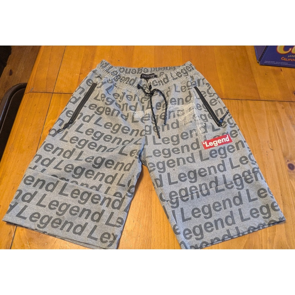 Encrypted Legend Graphic‎ Print Shorts Mens Medium Grey Black Streetwear